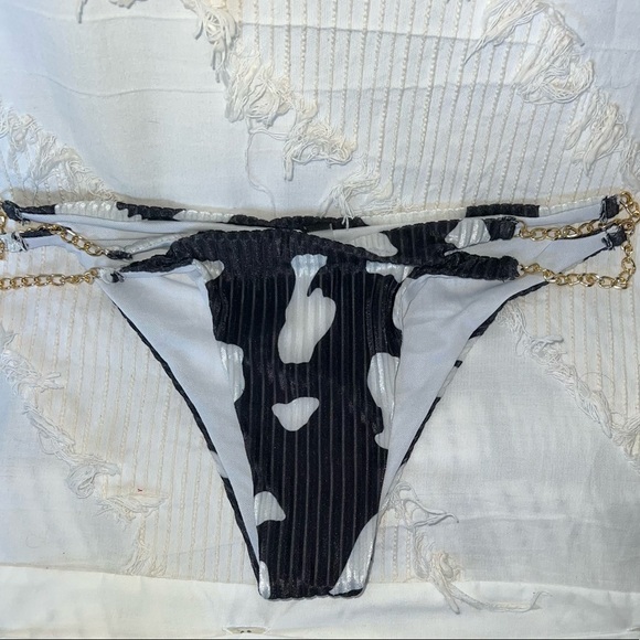 Ribbed Cow Print Velvet Triangle Bikini Double Chain Cheeky Bottoms MediumxLarge - Picture 7 of 7